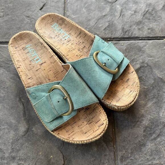 Born Sloane Sandals Size 9 M Slides Leather Cork Platform Big Buckle - Picture 1 of 6